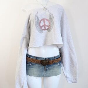 y2k off shoulder cropped sweatshirt grey peace wings graphic size S